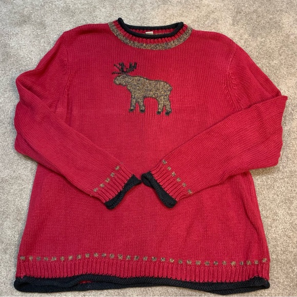 CJ Banks Sz2X red hand embroidered moose sweater black rolled hem&collar - Picture 10 of 10